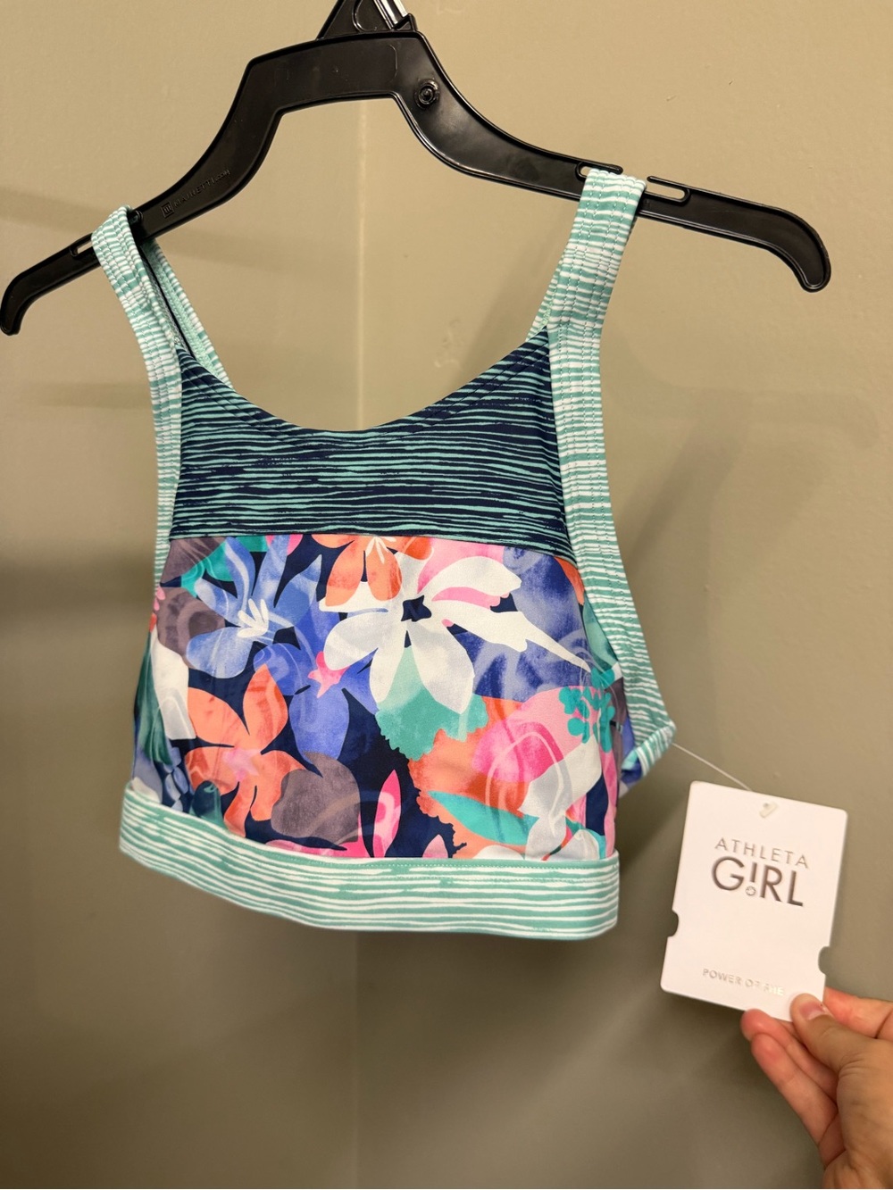 Athleta Girl Surf's Up Bikini Top - Navy & Mint Stripes Big Kid XL (14)